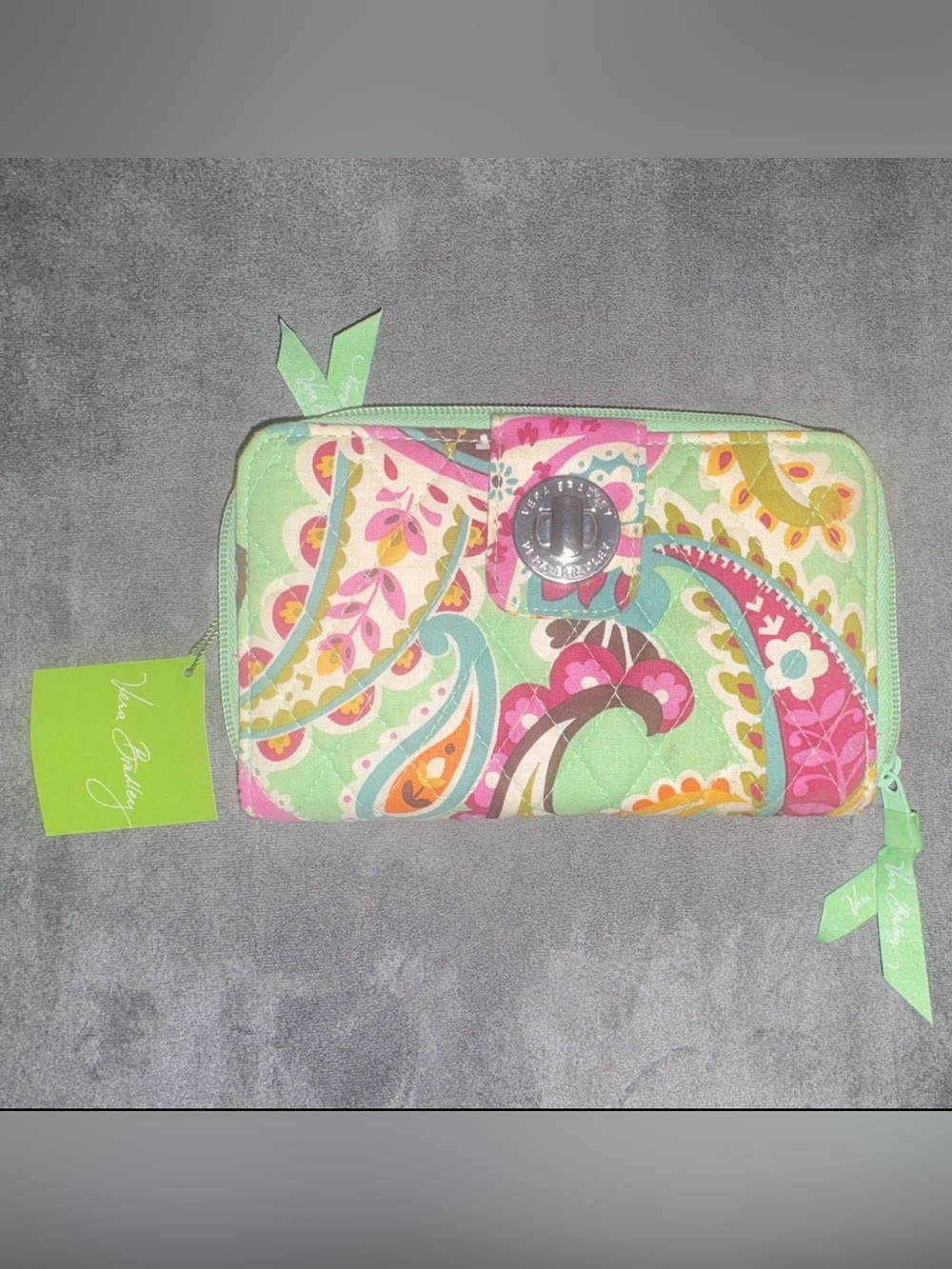NWT Vera Bradley's Mint Retired Tutti Fruttii Turn Key Paisly Quilted Zip Wallet